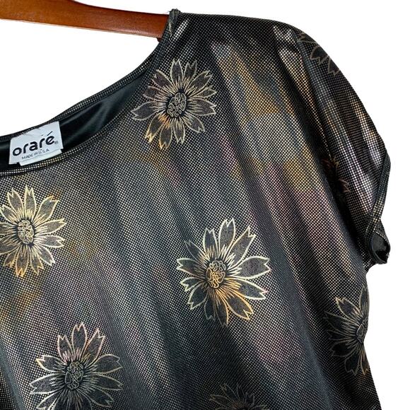 Vintage Orare Blouse Top Short Sleeve Shiny Metallic Flowers Women's 12 - Picture 3 of 6
